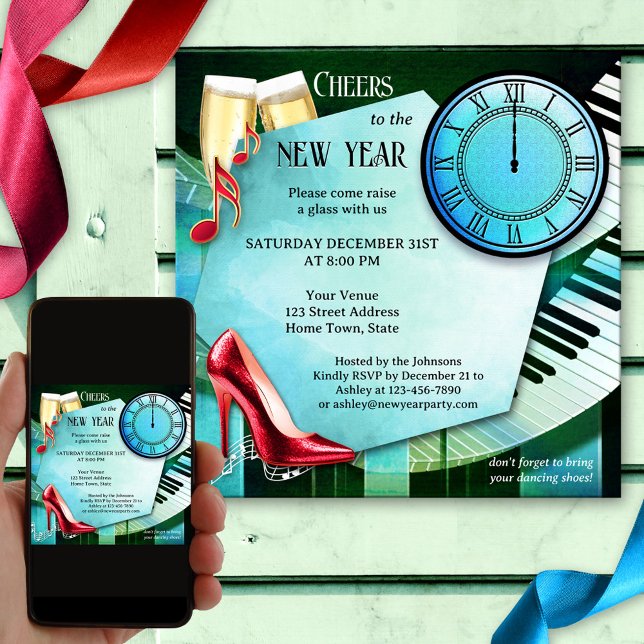 Fun Champagne Dance Silvester Einladung (New Year's Eve dance party invitation featuring a colorful design with a clock, champagne and music)