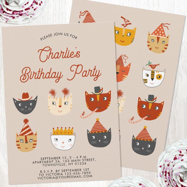 Fun Chat Personnalisé Anniversaire Fête Invitation (Fun kitty cat personalized birthday party invitation for animal lovers)