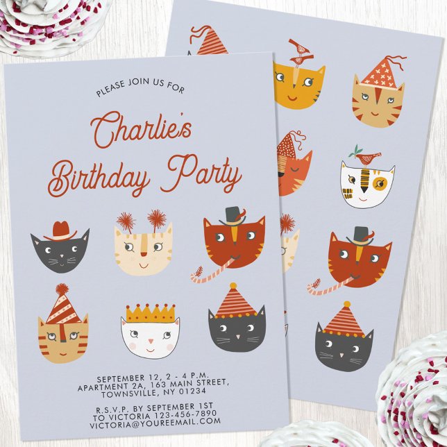 Fun Chat Personnalisé Anniversaire Fête Invitation (Fun kitty cat personalized birthday party invitation for animal lovers)