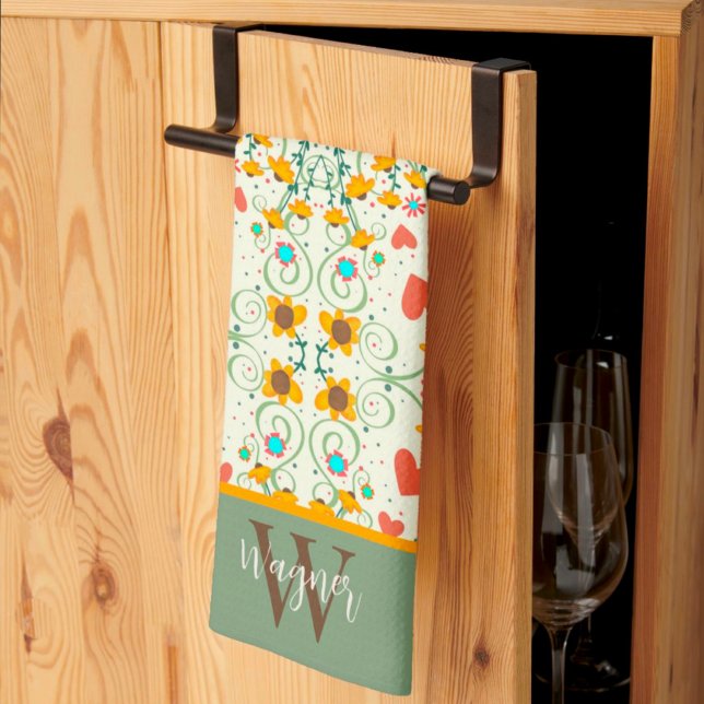 Fun Chic Floral Stilvoll Daisy Custom Monogram Nam Geschirrtuch (Von Creator hochgeladen)