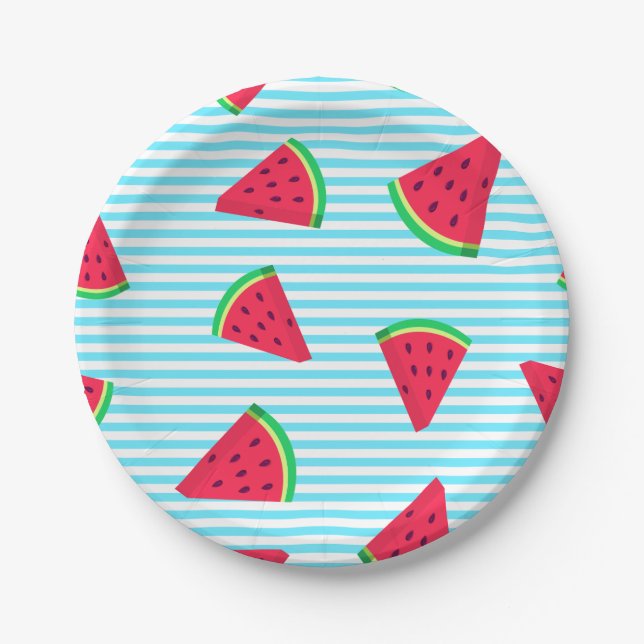 Fun Chic Watermelon Slices Blue Lines Pattern Pappteller (Vorderseite)
