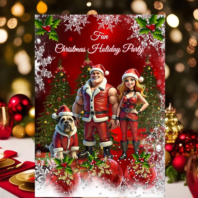 Fun Christmas Holiday Party Red Couple Dog Einladung (Von Creator hochgeladen)