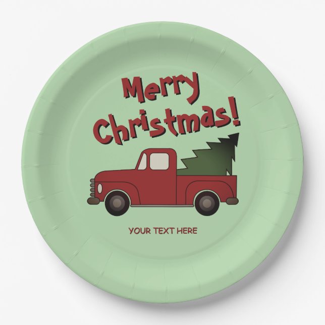 Fun Christmas party plates with red truck and tree Pappteller (Vorderseite)