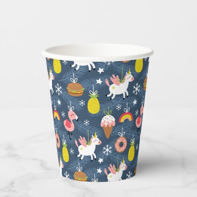 Fun Christmas Unicorns und Flamingos Muster Pappbecher (Vorderseite)