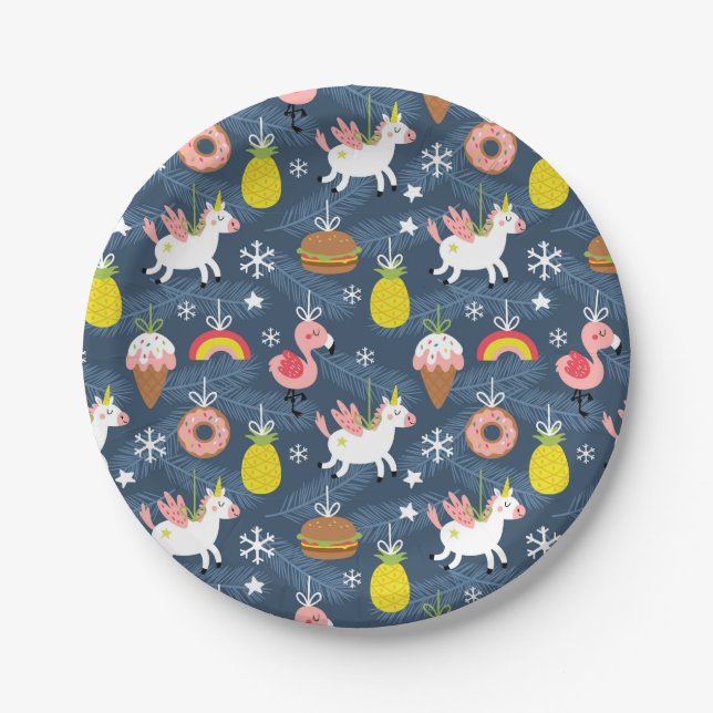 Fun Christmas Unicorns und Flamingos Muster Pappteller (Vorderseite)