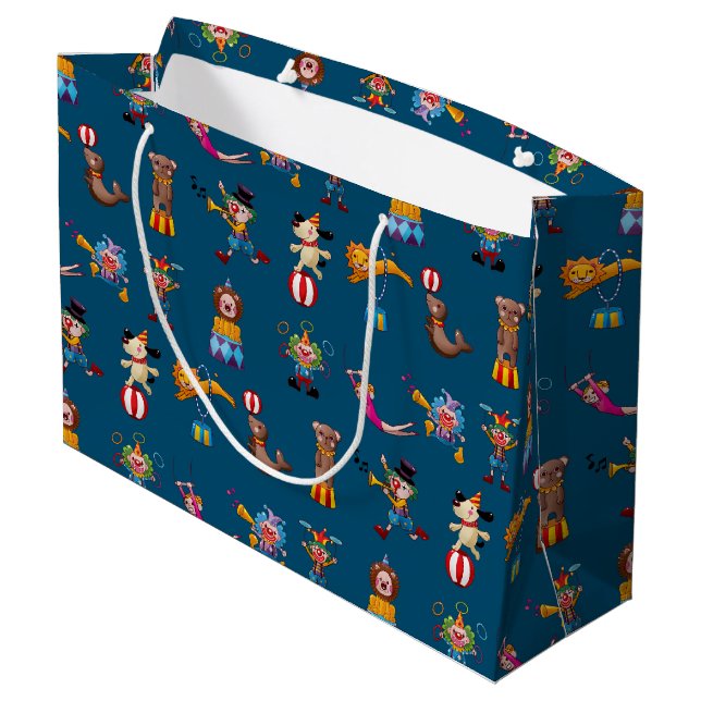 Fun Circus Party Acts Cartoon Muster Blau Kinder Große Geschenktüte (Rückseite Schrägansicht)