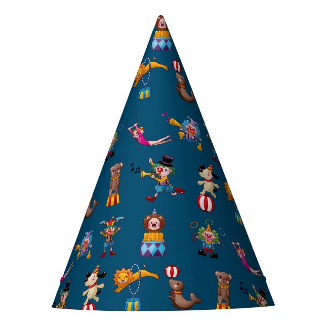 Fun Circus Party Acts Cartoon Muster Blau Partyhütchen (Vorderseite)