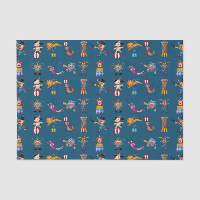 Fun Circus Party Acts Cartoon Muster Blau Seidenpapier (Vorderseite)