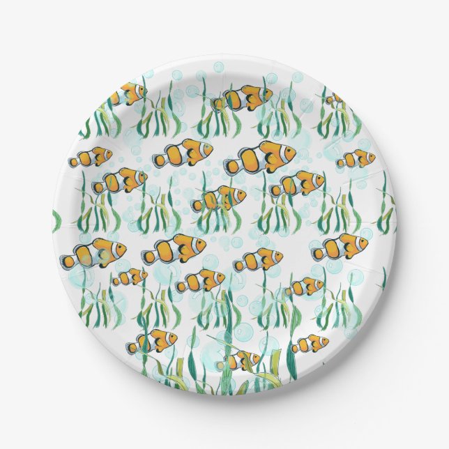 Fun Clown Fisch Orange White Black Blue Blubbles Pappteller (Vorderseite)
