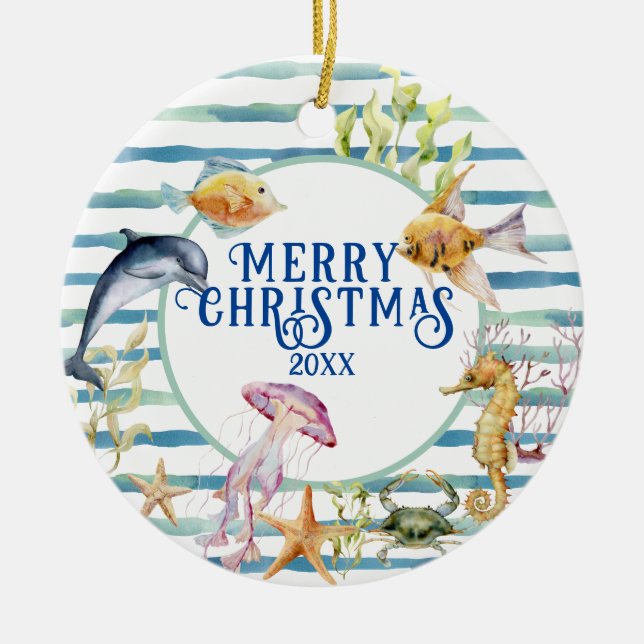 Fun Coastal Beach Thema Frohe Weihnachten, Foto Keramik Ornament (Vorne)