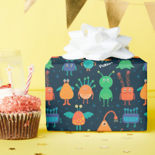 Fun Colorful Alien Pattern für Kinder auf blauem P Geschenkpapier