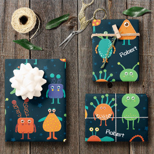 Fun Colorful Alien Pattern für Kinder auf blauem P Geschenkpapier Set