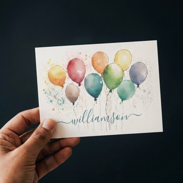 Fun Colorful Balloons with Last Name (Personalized note card with festive balloons
)