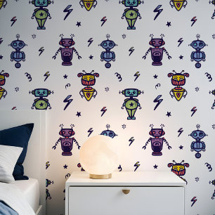 Fun Colorful Kids Robotic Roboter Space Muster Tapete