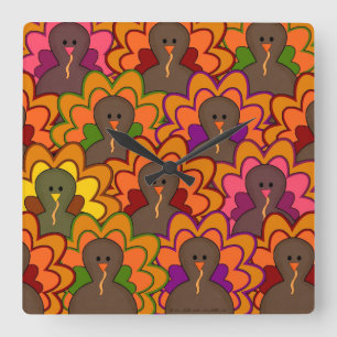 Fun Colorful Thanksgiving Turkeys Quadratische Wanduhr