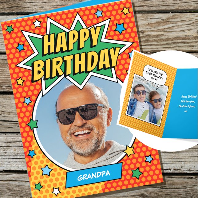 Fun Comic Birthday Stars Grandpa Custom Photos Karte (Von Creator hochgeladen)