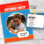 Fun Comic Style Any Age Birthday Party BBQ Blue Postkarte<br><div class="desc">Fun, comic book style birthday party postcard invite! Easy to personalize with your own photo and custom text on front and back. This colorful card is designed for a 30th birthday BBQ party, but all the text can be customized to fit other occasions! A retro style design in bold colors...</div>