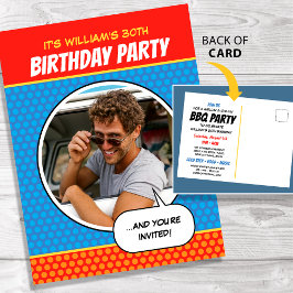 Fun Comic Style Any Age Birthday Party BBQ Blue Postkarte
