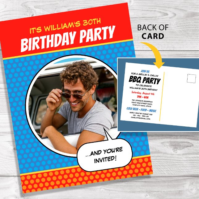 Fun Comic Style Any Age Birthday Party BBQ Blue Postkarte (Von Creator hochgeladen)