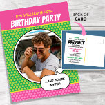Fun Comic Style Any Age Birthday Party BBQ Pink Postkarte<br><div class="desc">Fun, comic book style birthday party postcard invite! Easy to personalize with your own photo and custom text on front and back. This colorful card is designed for a 40th birthday BBQ party, but all the text can be customized to fit other occasions! A retro style design in bold colors...</div>