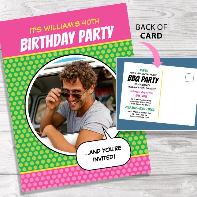 Fun Comic Style Any Age Birthday Party BBQ Pink Postkarte (Von Creator hochgeladen)