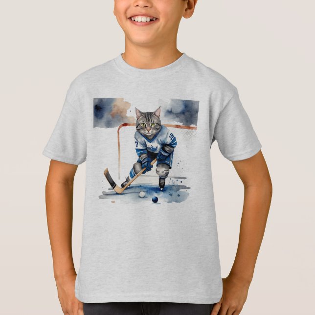 Fun Cool Cat Hockey Player Animal Spaß T-Shirt (Vorderseite)