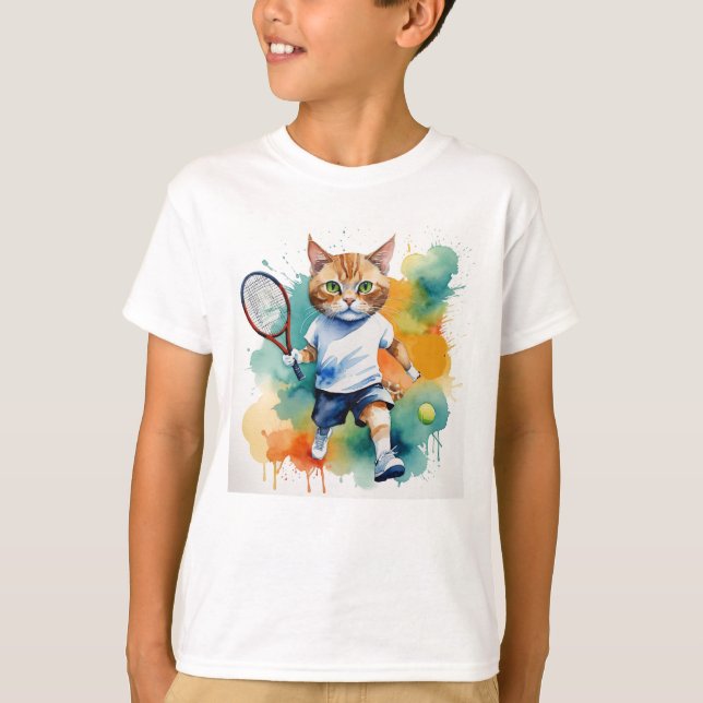 Fun Cool Cat Tennis Player Tierischer Spaß T-Shirt (Vorderseite)