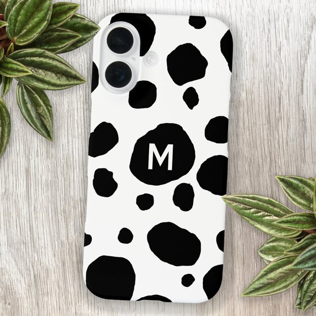 Fun Cow Print Black and White Monogram Initial iPhone 16 Hülle (Fun monogram initial personalized cow print cell phone case)
