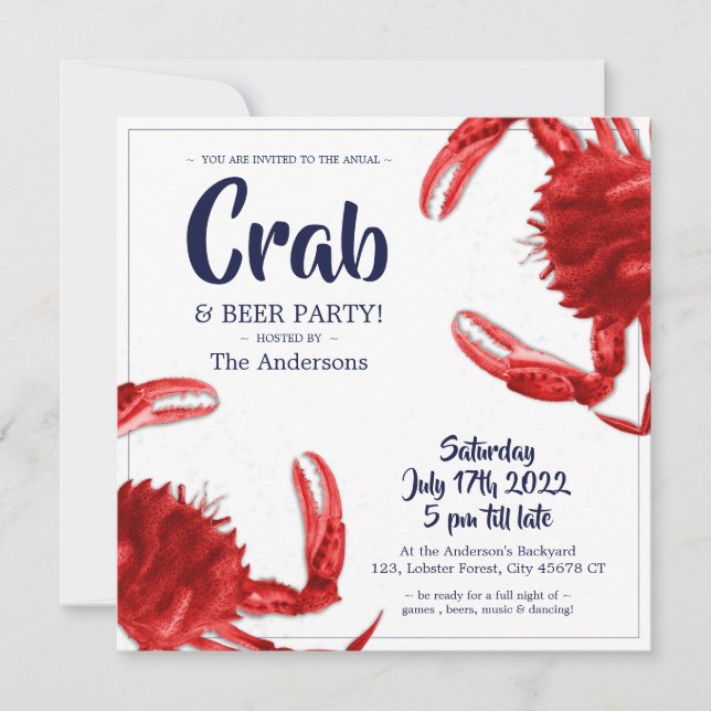 Fun Crab Boil Weißes Sommer Party individuelle Ein Einladung (Vorderseite)