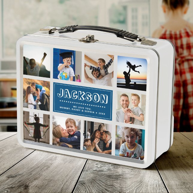 Fun Custom Kids Name Family Foto Collage Blau Metall Brotdose (Von Creator hochgeladen)