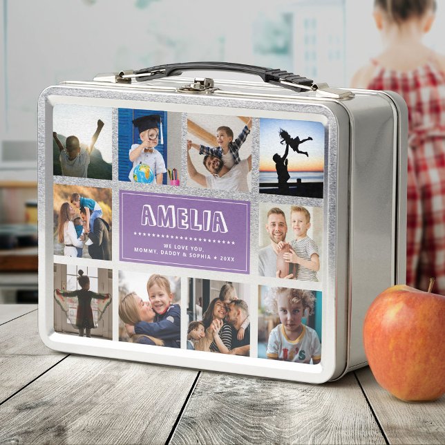 Fun Custom Kids Name Family Foto Collage Lila Metall Brotdose (Von Creator hochgeladen)