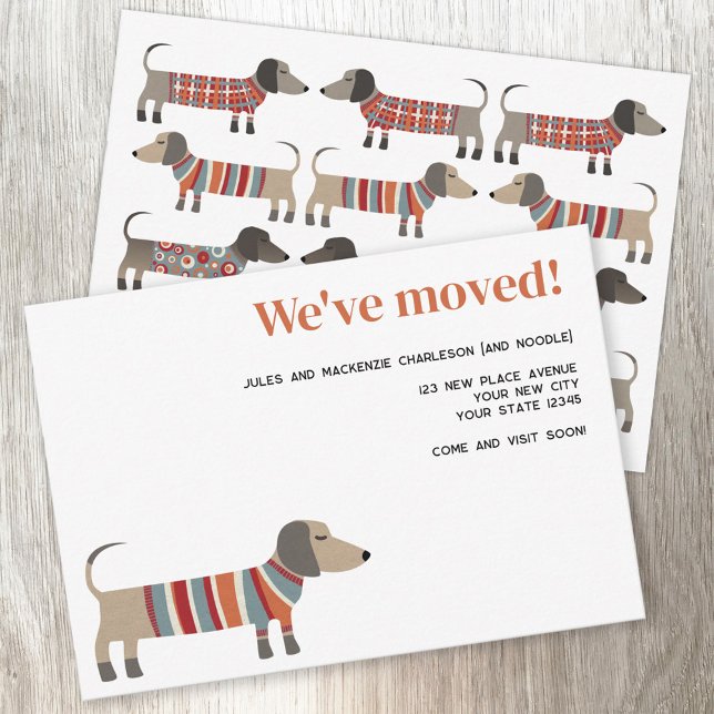 Fun Dachsund Dog Moving Announcement Ankündigung (Adorable Dachshund wiener sausage dog personalized custom text new home moving announcement)