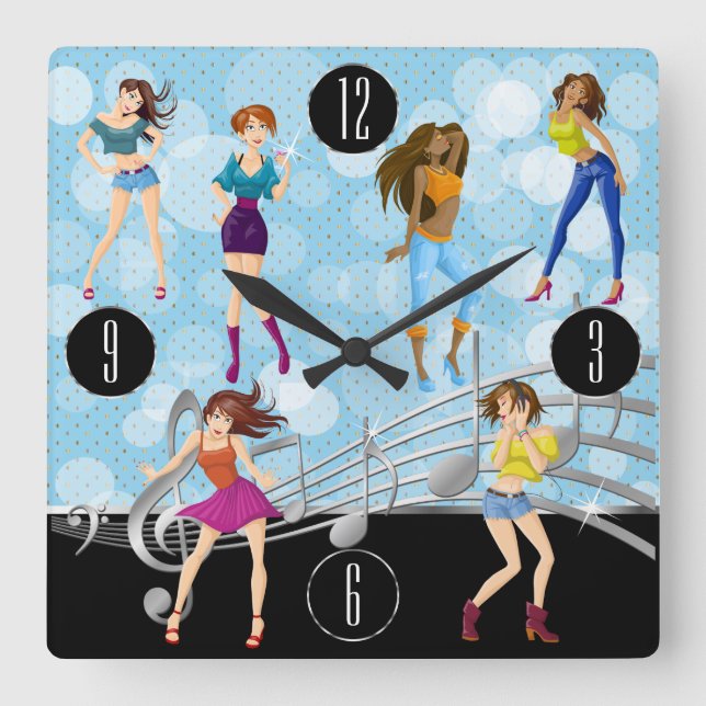 Fun Dance Music Girl Design Quadratische Wanduhr (Vorderseite)