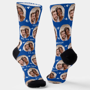 Fun Deep Blue Newlyweds Foto Pattern Socken