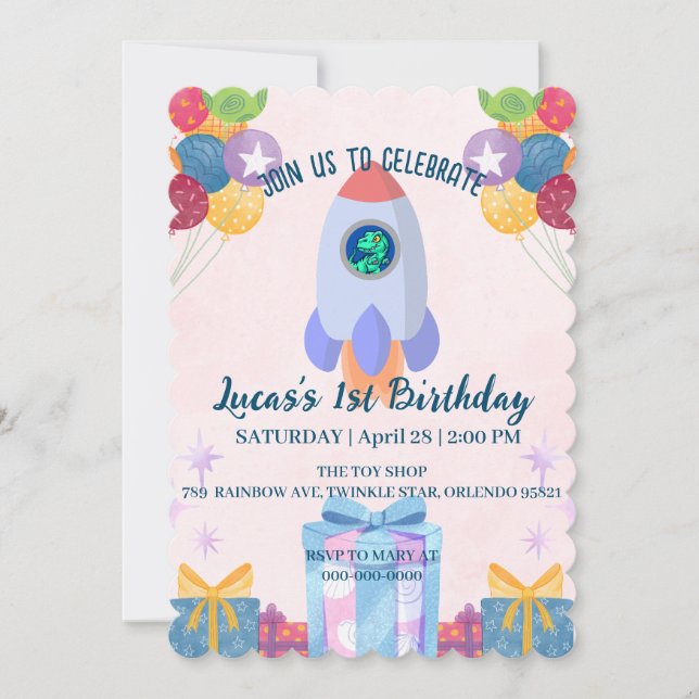 Fun Dinosaurier farbenfrohe Rakete Schule Geburtst Einladung (Vorderseite)