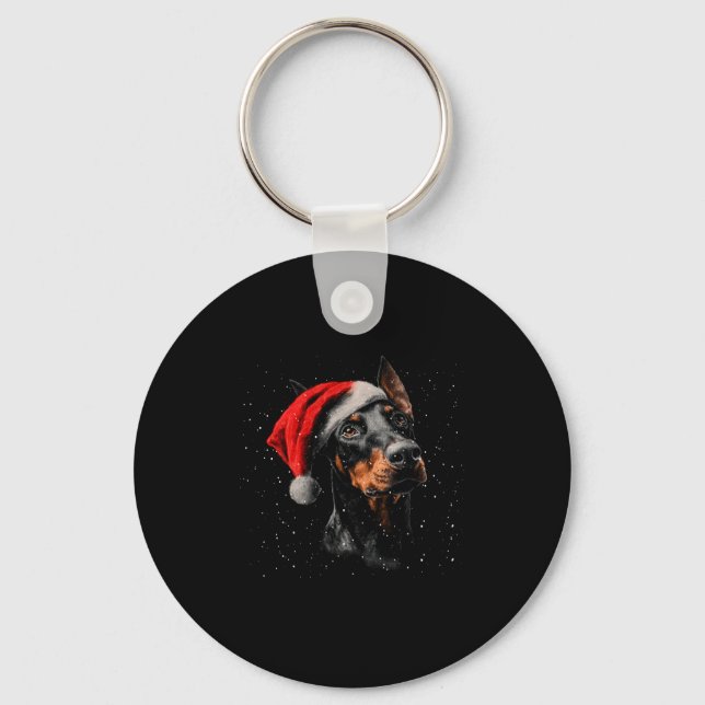 Fun Doberman Dog Christmas Lights Santa Hat Long S Schlüsselanhänger (Vorderseite)