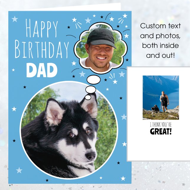 Fun Dog Dad Birthday Thought Bubble Photo Blue Karte (Von Creator hochgeladen)