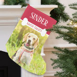 Fun Dog Foto und Name Personalisiert Kleiner Weihnachtsstrumpf<br><div class="desc">Sorge dafür, dass der Weihnachtsmann auch bei dir Halt macht, mit einzigartigen Weihnachtsstrümpfen. Ihr Hund wird diesen lustigen Weihnachtsweihnachtssong personalisiert für sie Liebe. Der Strumpf zeigt Ihre Haustiere personalisieren den Namen mit einem weißen Hundeknochen, das die Worte "Santa Leckereien" überlagert. Niedlich und festlich und viel Platz für Hunde Leckereien ....</div>