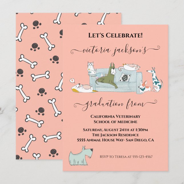 Fun Dogs & Cats Veterinary School Abschluss Einladung (Vorne/Hinten)