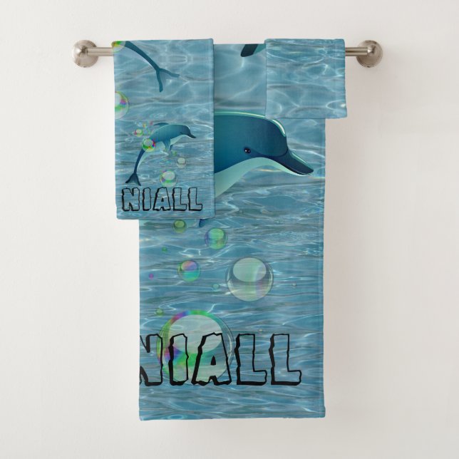 Fun Dolphin mit Blasen im Wasser Personalisiert Badhandtuch Set (Insitu)