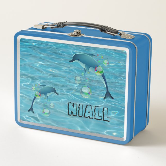 Fun Dolphin und Blasen Personalisiert Metall Brotdose (Vorderseite)