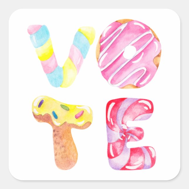Fun Donuts und Candy Go Abstimmung Quadratischer Aufkleber (Vorderseite)