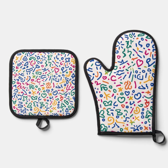 Fun doodle farbenfrohe, lebendige Formen Ofenhandschuh & Topflappen-Set (Vorderseite)