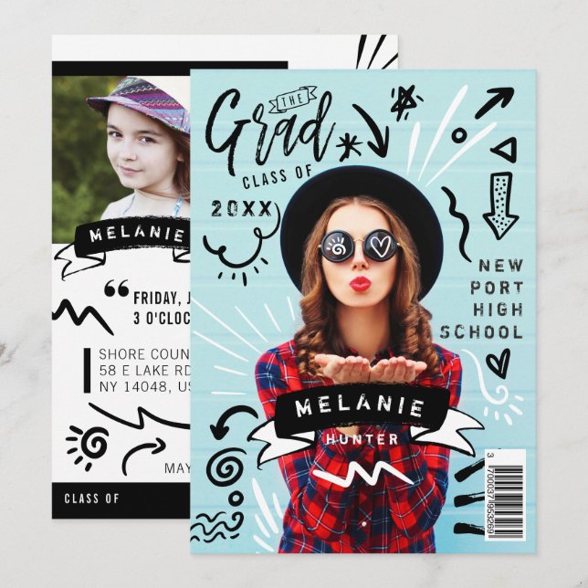 Fun Doodle Sketch Magazine Cover Girl Grad Party Einladung (Vorne/Hinten)