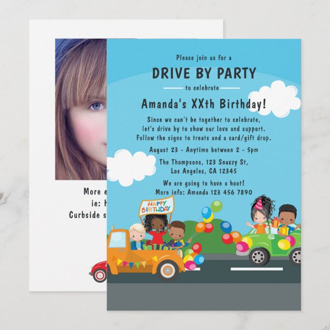 Fun Drive By Birthday Parade Party Foto Einladung (Vorne/Hinten)