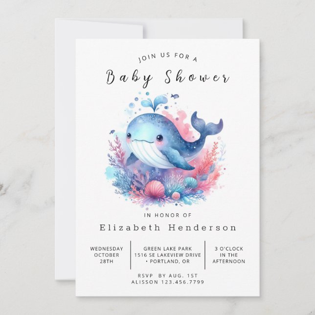 Fun Editable Whale Baby Dusche Einladung (Vorderseite)