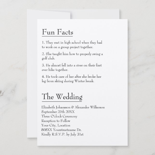 Fun Fakten über die Braut und die Groom Moderne Ho Einladung (Vorderseite)