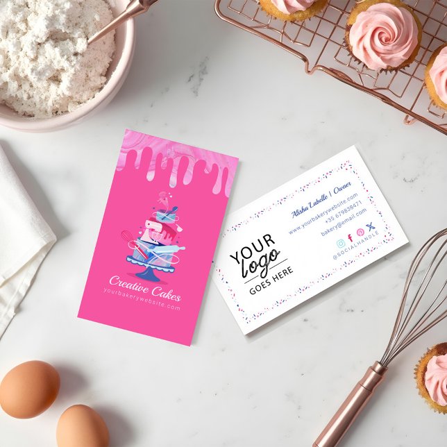 Fun farbenfrohe Konditorkuchen Bäckerei & Tools Ro Visitenkarte (Fun Colorful Pastry Cakes Bakery & Tools Pink Drip Business Card)