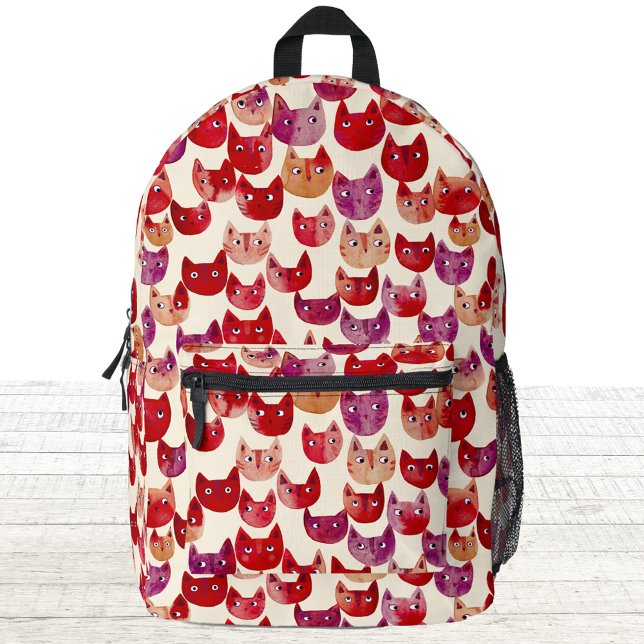 Fun farbenfrohe Wasserfarbe Muster Bedruckter Rucksack (Fun kitty cat pattern watercolor red orange purple backpack bag)