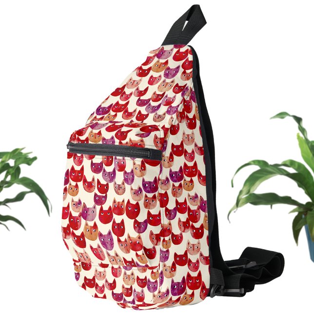 Fun farbenfrohe Wasserfarbe Muster Crossbody Bag (Fun watercolor kitty cat red pink purple orange pattern sling bag)